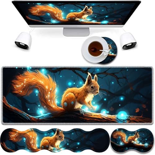 4 in 1 Mouse Pad Combo, Large Gaming Mouse Pad + Keyboard Wrist Support + Mouse Wrist Rest + Coaster, Table Pad 31.5 "x 11.8" with Memory Foam Ergonomic Wrist Pad Set, Glowing Squirrel