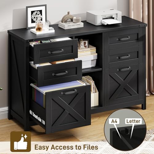 Halitaa Farmhouse Lateral File Cabinet with 6 Drawers, Rustic Black