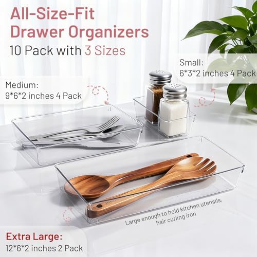 10 Pack Large Clear Drawer Organizer Trays, 3 Sizes, Non-Slip