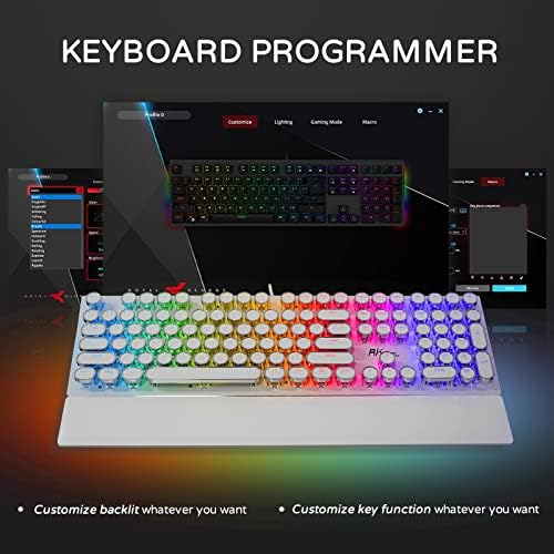 RK ROYAL KLUDGE S108 Typewriter Style Mechanical Gaming Keyboard with RGB Backlit, Wired PC Game Keyboard Full Size with Detachable Wrist Rest and Number Pad, Retro Round Keycaps, Red Switches White