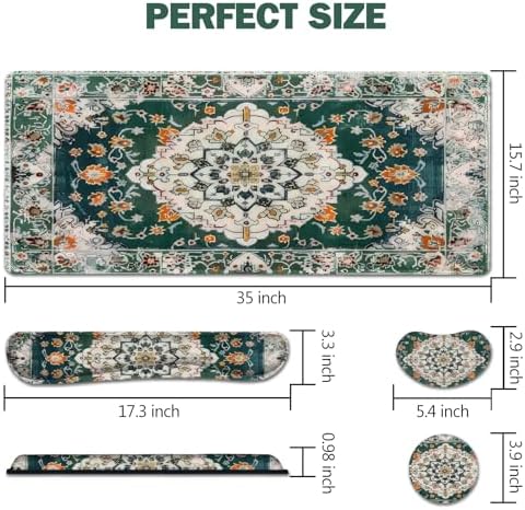 AIMSA Desk Mat Set, Large Mouse Pad + Mouse Wrist Rest + Keyboard Wrist Support + Coaster, 4in1 Rug Gaming Mouse Pad Combo for Home Office, Retro Boho Art
