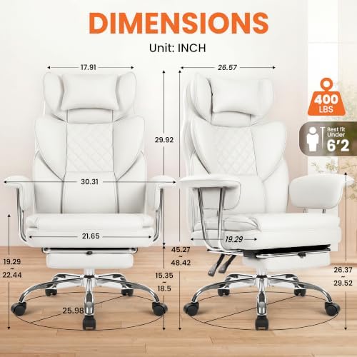 NEO CHAIR Big & Tall Leather Office Chair, High Back, Lumbar Support, White