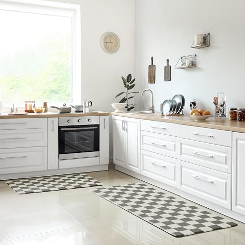 Ohocut Checkered Kitchen Mats for Floor Set of 2, 2 Pcs Black White Cushioned Non Slip Runner Rugs for Kitchen/Sink/Laundry, Comfort Aesthetic Cute Anti-Fatigue Foam Floor Mat 17.3"x29.5"+17.3"x47.2"