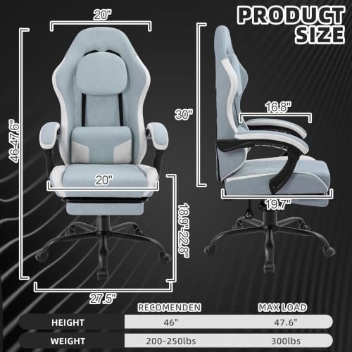 Gaming Chair for Adults, Fabric Gaming Chair with Footrest and Pocket Spring Cushion, Ergonomic Gamer Chair with Lumbar Support, Reclining Computer Gaming Chair with High Back, Blue