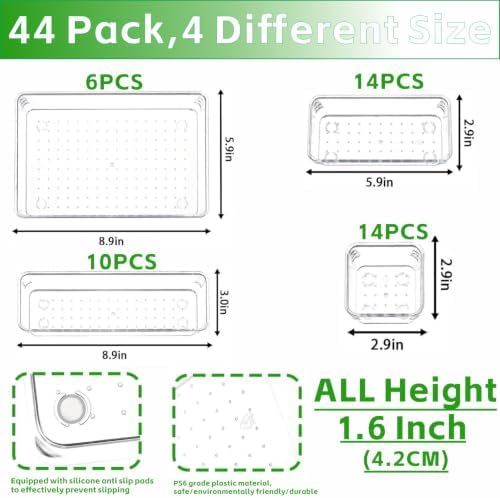Yieach 44 Pcs Clear Acrylic Drawer Organizer Trays,1.6 in Shallow In Drawer Organizers for Bathroom,Office Desk and Vanity Organizers,Plastic Trays for Organizing for Jewelry,Cosmetic,Utensil,Junks