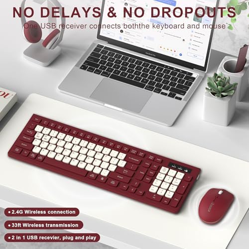 Wireless Keyboard and Mouse Combo Silent for Office and Home(Wine Red-B)