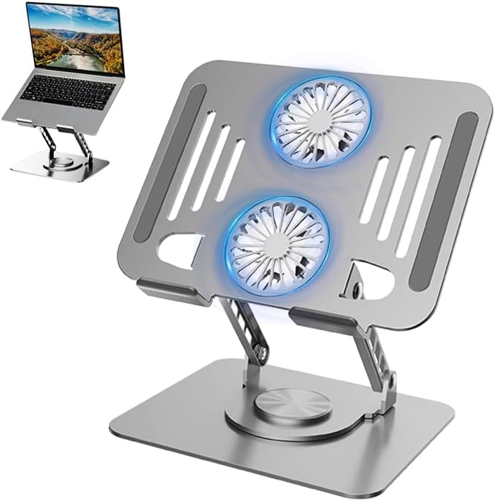 Laptop Cooling Stand with Fan, 360° Rotating Base, Adjustable Height, Portable Notebook Riser for Desk Gaming, Office, Movie Watching & Screen Sharing, Fits Up to 17 Inch Laptops