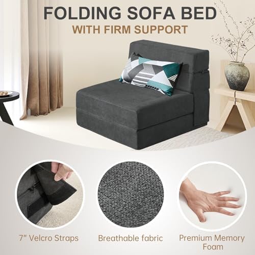Nigoone Folding Sofa Bed Single Size with Pillow Memory Foam Convertible Sleeper Chair Floor Couch Futon Lazy for Living Room Home Office Guest Beds Apartment Upstairs Loft, Dark Gray