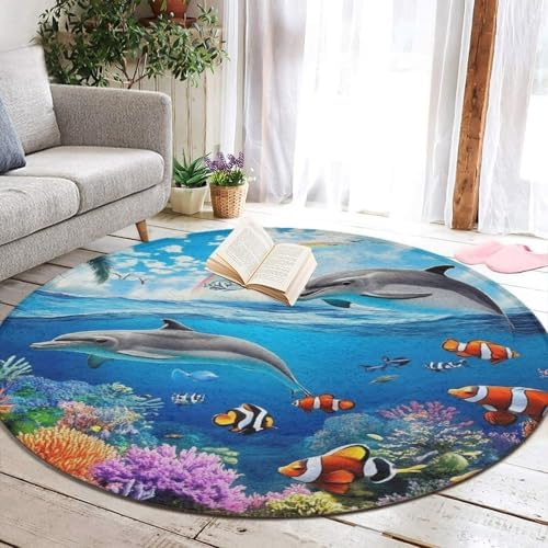 Home Decor Non Slip Kitchen Office Circle Rug, Machine Washable Modern Round Area Rug, Room Sofa Yoga Soft Round Carpet Blue Ocean Underwater World Dolphin Art, 24inch