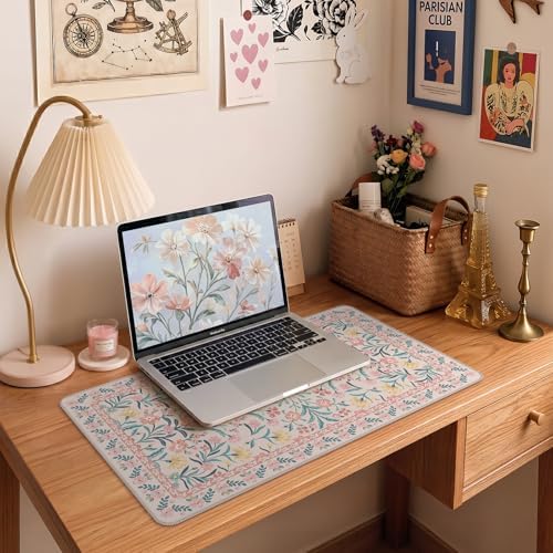 iCasso Aesthetic Mouse Pad for Office Decor,23.6x13.7in,Pink Floral