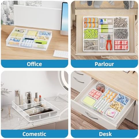 Marbrasse Desk Drawer Organizer, Metal Mesh Drawer Organizer Tray with 5 Adjustable Compartments,Desk Organizers and Accessories for Home,Office,Kitchen,Makeup,Vanity (White,2Pack)
