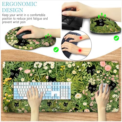 LIMKRIAN Cat Mouse Pad with Wrist Rest, Green Office Desk Accessories