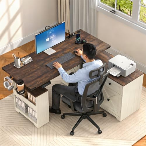 St.Mandyu L Shaped Electric Standing Desk 55" White with Power & Storage