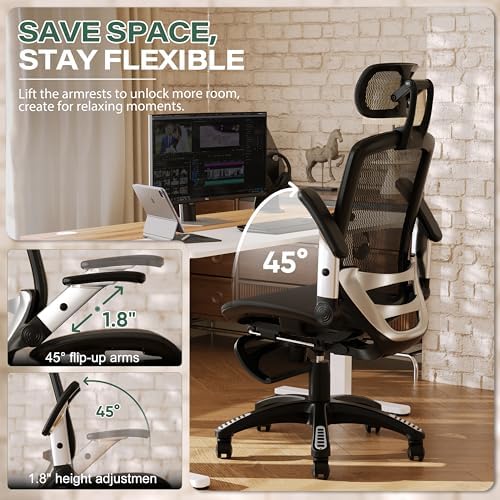 GABRYLLY Ergonomic Office Chair, High Back Home Desk Chair with Footrest,3D Headrest, Flip-Up Arms, 135° Tilt and Wide Cushion, Heavy Duty Mesh Chairs for Task Computer Gaming, Black