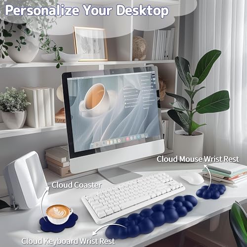 Sushret Cloud Wrist Rest Keyboard, Cloud Keyboard Wrist Pad Set with PU Leather Memory Foam, Cute Arm Rest for Palm Support, PC/Gaming Desk Accessories/Office Setup/Computer Hand Cushion - Dark Blue