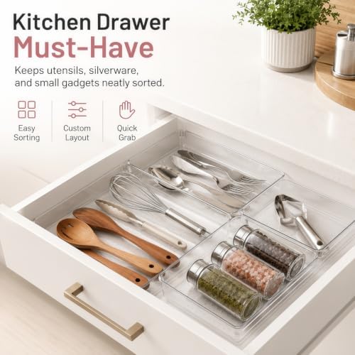 8 Pack Large Clear Plastic Drawer Organizer Trays, 3 Sizes, Non-Slip