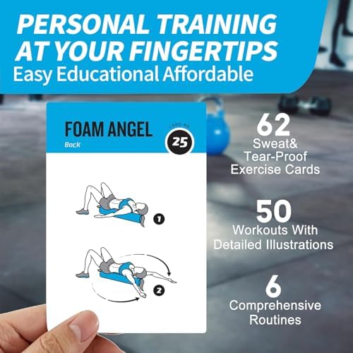 Foam Roller Workout Cards, 62 Exercises Cards Deck Large Size 5" x 3.5" Fitness Cards for Women & Men, Beginner Fitness Guide to Training Exercises at Home or Gym