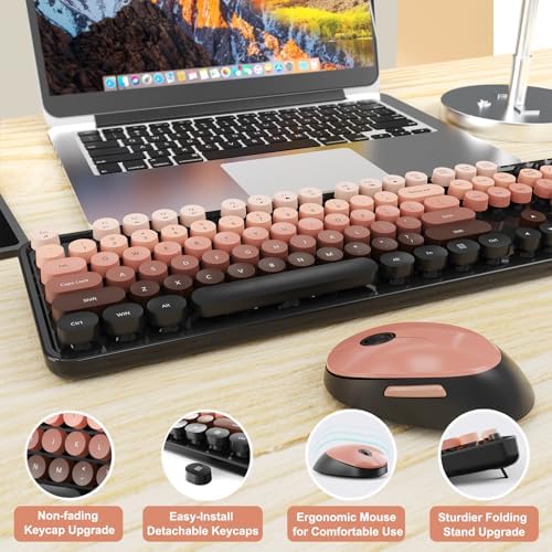 SkyGive Wireless Keyboard and Mouse Combo, Ergonomic Full Size Typewriter Retro Round Keycaps Keyboard, Compatible with Windows, PC, Perfect for Home and Office Keyboards (Aurora Red)