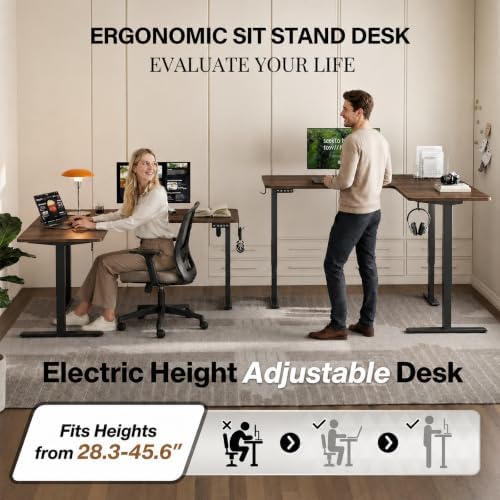 Grandder 63 x 55 Inch L Shaped Standing Desk, Electric Height Adjustable Corner Stand Up Desk, Sit Stand Corner Table Home Office Table, Walnut Top Black Frame