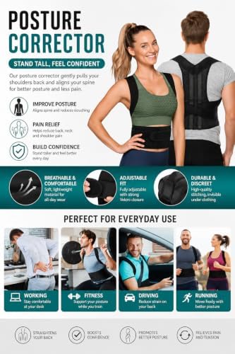 Posture Corrector for Men and Women, Adjustable Back Brace, Breathable, Pain Relief, Black