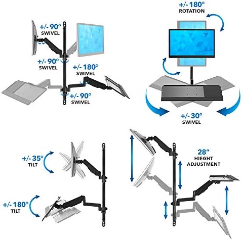 Mount-It! Single Monitor Arm Wall Mount Workstation with Keyboard Tray & CPU Holder, Height Adjustable Gas Spring Full Motion Computer Station, Fits 17–32” VESA 75x75 100x100, Black