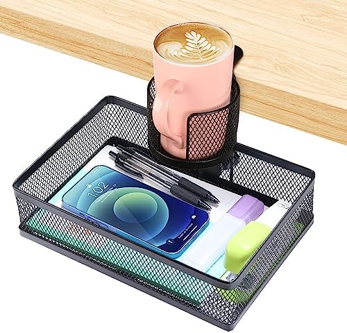 ROSYLINE Rotary Under Desk Storage Organizer with Cup Holder & Drawer Tray