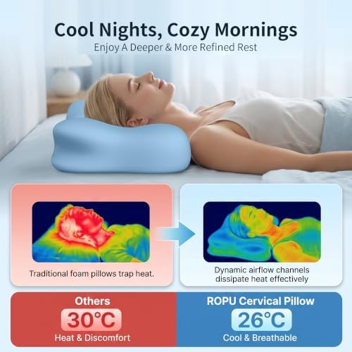Cervical Pillow for Neck Pain Relief, Memory Foam Neck Pillow for Sleeping, Ergonomic Side Sleeper Pillow, 2 Heights Contour Orthopedic Pillow Deep Sleep Pillow for Side Back Stomach Sleepers (Blue)
