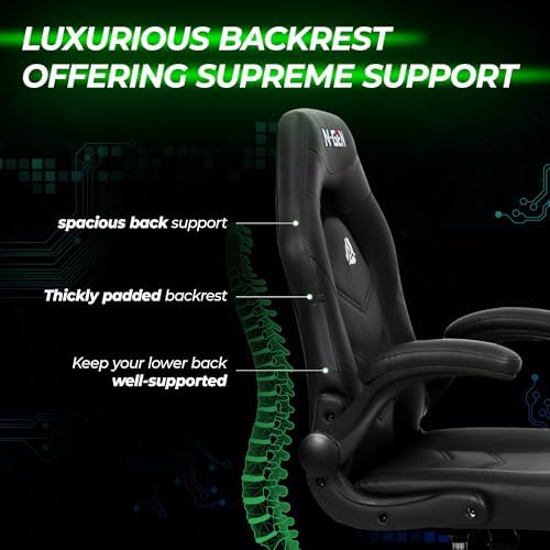 N-GEN GAMING Video Gaming Chair Ergonomic Office Desk Chair with Lumbar Support Adjustable Height Padded Flip Up Arms and Swivel Wheels Racing Style Design for Adults with PU Leather (Black)