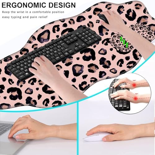 Mouse Pad with Wrist Support + Desk Mat + Coaster 3 in 1 Set, XXL Large Gaming Mousepad Ergonomic Mouse Pads for Desk Computer Laptop Office,Cute Leopard