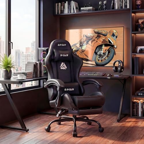 N-GEN GAMING Gaming Chair with Footrest, Lumbar, High-Back, All Black