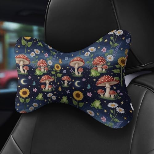 Car Neck Support Pillow Moon Mushrooms 2 Pcs Adjustable Strap Memory Foam for Car Airplane Home