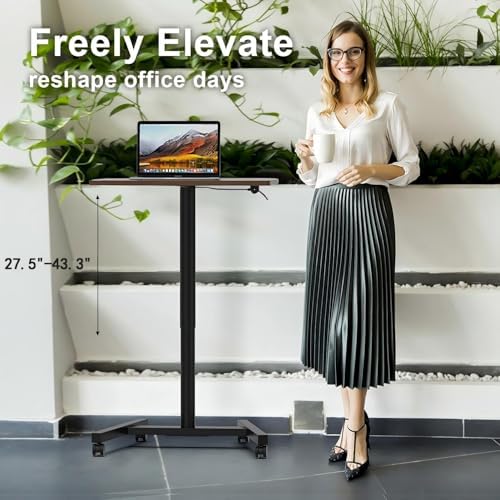 28-Inch Mobile Standing Desk, Adjustable Computer Desk, Portable Standing Desk with Lockable Wheels, Rolling Table for Home Office Classroom Hospital (Walnut)
