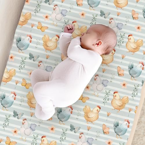 Watercolor Farm Chicken Butterflies Flowers Floral Stripes Baby Changing Pad Cover, Unisex Chicken Nursery Diaper Changing Table Pad Mat Sheet for Boys Girls-16x32