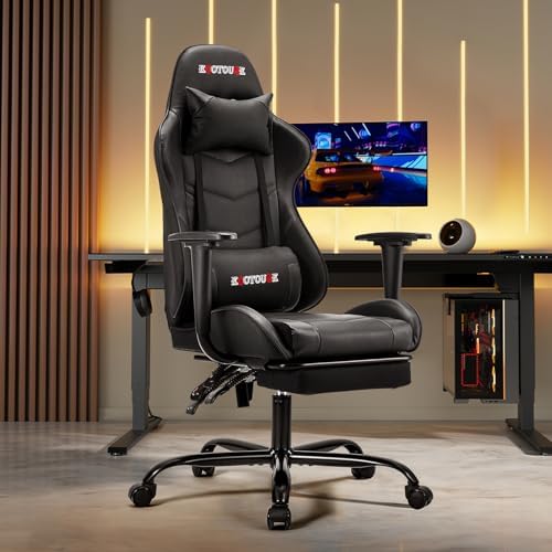 ECOTOUGE Black Ergonomic PC Massage Gaming Chair with Footrest