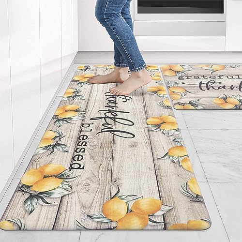 Carvapet 2Pcs Lemons Kitchen Floor Mats 17"x27"+17"x47"