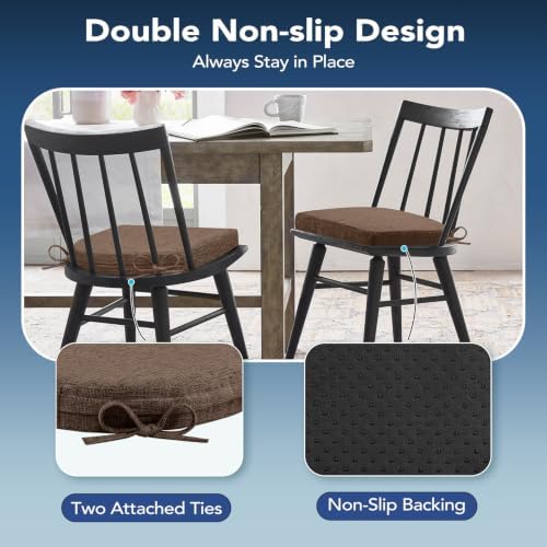 Chair Cushions for Dining Chairs, Non Slip Chair Pads with Ties and Washable Covers, Memory Foam Kitchen Chair Cushions Set of 8, 16"X16"X2.5", Brown