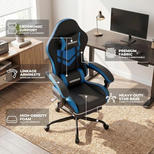 Gaming Chair with Footrest & Massage Lumbar Support, PU Leather Ergonomic High Back Swivel Height Adjustable Chair for Adults, Office Gaming, 300 lbs (Black Blue)
