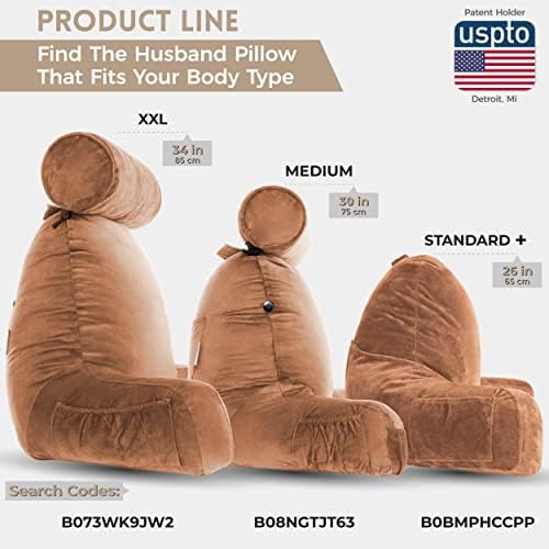 Husband Pillow XXL The Original for Adults - 30" Tall Backrest for Sitting Up in Bed - Firm Support Reading & Bed Rest Pillows for Adults, Neck Roll, Removable Cover - TV - Tan