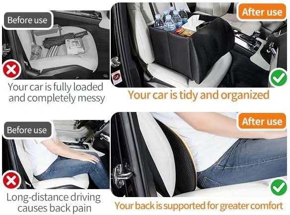 2nd Gen Lumbar Support Pillow for Car & Seat Organizer, 30L Collapsible Seat Organizer, Adjustable Securely Fixed, Suitable for storage needs in all types of vehicles