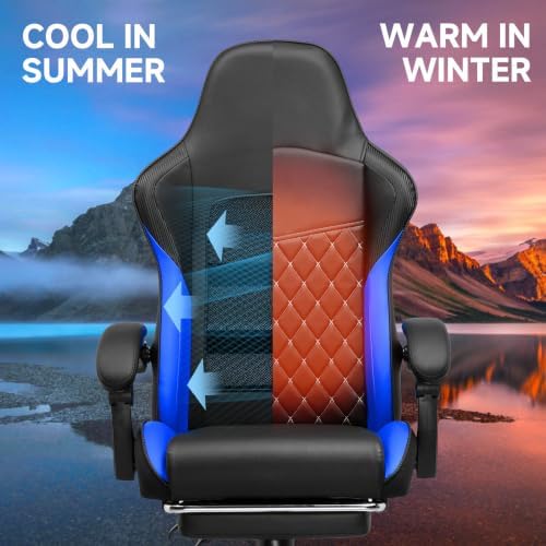 GTPLAYER Gaming Chair, High Back Leather Computer Gaming Chair with Footrest, Ergonomic Height Adjustable Office Chair with Removable Cover and Lumbar Support for Gaming & Work,Blue