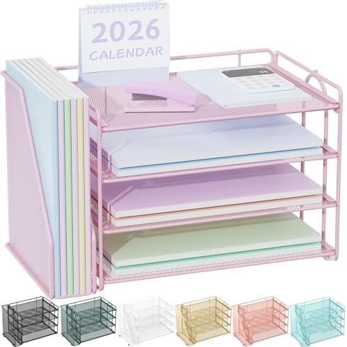 Spacrea Desk Organizers and Accessories, Paper Organizer for Desk with File organizer, Desk Accessories & Workspace Organizers for Office Supplies (Pink)