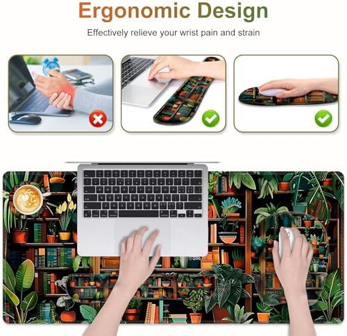 Mouse Pad with Wrist Support 4 in1 Set, XXL Big Game Mousepad + Keyboard Wrist Rest + Mouse Wrist Rest Pad +Coaster Gaming Mat for Home Office Work Computer Laptop PC I Green Vine Book Forest