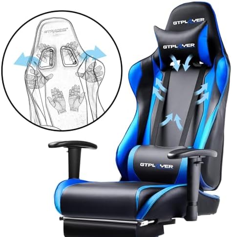 GTPLAYER Gaming Chair with Footrest, Ergonomic Computer Game Desk Chair, Reclining Gamer Chair Seat Height Adjustment, Swivel Rocker with Headrest and Lumbar (Blue)