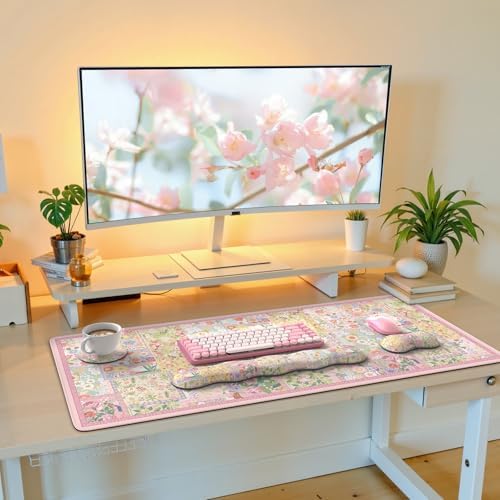 iLeadon Cute Floral Desk Mat Set, Non Slip Mouse Pad with Wrist Support