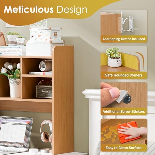 SUPER DEAL Desktop Bookshelf, Countertop Storage Hutch with 4 Shelves for Computer Desk, 2-Tier Display Rack, Multipurpose Wood Desk Hutch Storage Organizer for Home Office Dorm, Natural