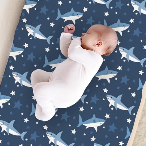 Cartoon Ocean Sharks Stars Animals Pattern Baby Changing Pad Cover, Unisex Sea Animals Nursery Diaper Changing Table Pad Mat Sheet for Boys Girls-16x32
