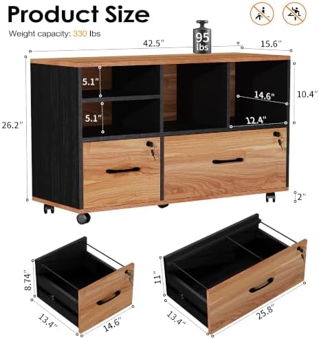 2 Drawer File Cabinet for Home Office, Lockable Rolling Filing Cabinet with Adjustable Shelves, Wood Lateral File Cabinet with Lock, Printer Stand Office Storage Cabinet, Rustic Brown & Black