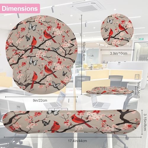 Cardinal Cherry Blossom Butterfly Keyboard Wrist Rest Pad and Mouse Pad Wrist Support Set,3-in-1 Ergonomic Mouse Pad with Non-Slip Rubber Base for Home Office Game Computers Desk,
