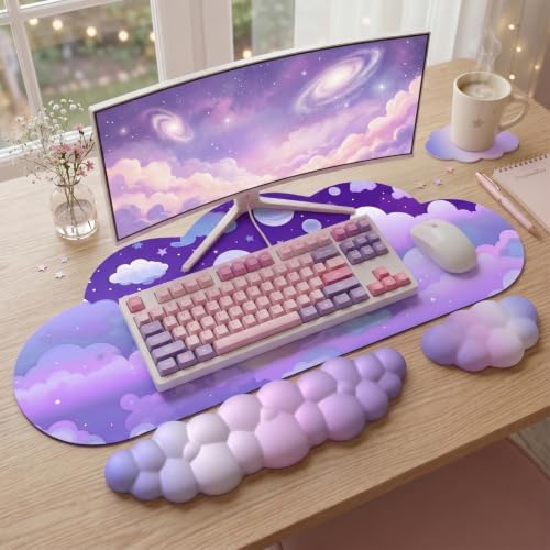 Cloud Mouse Pad Keyboard Wrist Rest for Mouse 4PCS Extended Large Stars Galaxy Space Desk Mat Pad Set Memory Foam Non-Slip Cute Ergonomic Game Mouse Wrist Support for Computer Home Office Purple Sky