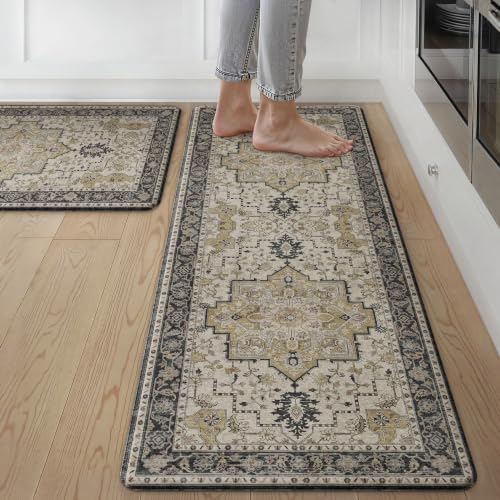 GENIMO Anti Fatigue Kitchen Mats for Floor 2PCS, Standing Rugs,Gold Black
